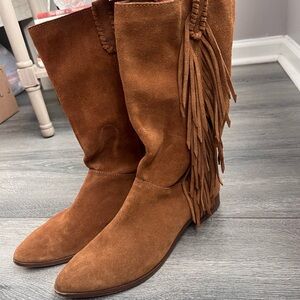 Pull&Bear Suede Fringe Mid-Calf Boots in Brown